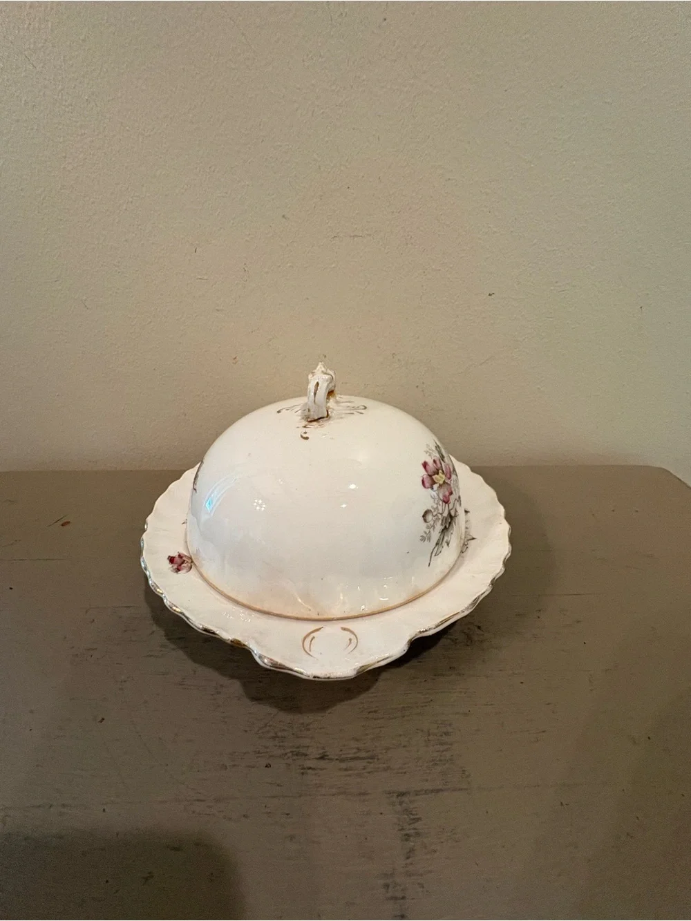 Antique Dresden Semi-Porcelain Floral Covered Butter/Cheese Dish